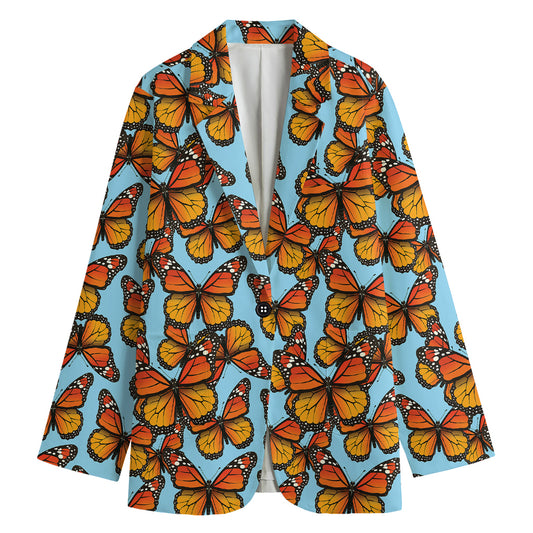 Orange Monarch Butterflies Pattern Print Women's Cotton Blazer