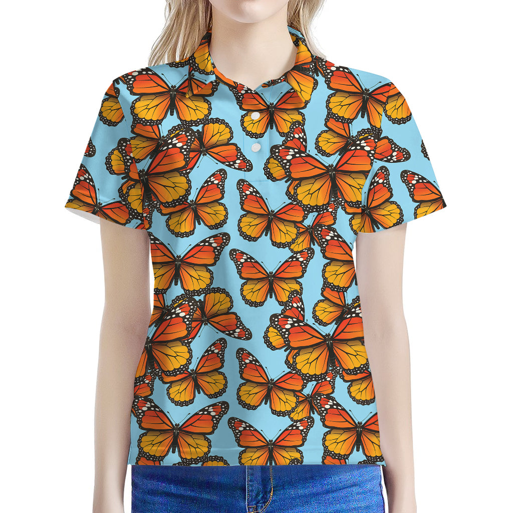Orange Monarch Butterflies Pattern Print Women's Polo Shirt