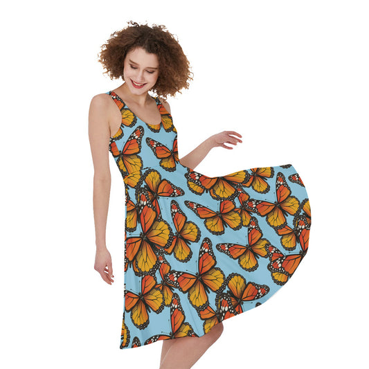 Orange Monarch Butterflies Pattern Print Women's Sleeveless Dress