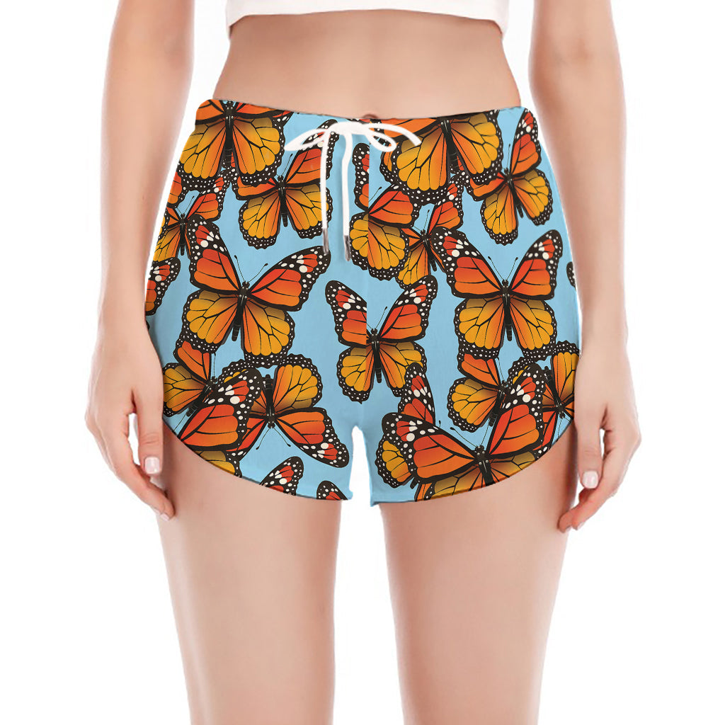 Orange Monarch Butterflies Pattern Print Women's Split Running Shorts