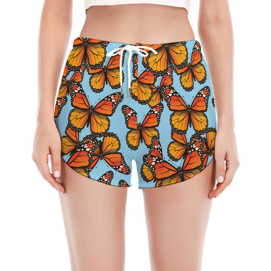 Orange Monarch Butterflies Pattern Print Women's Split Running Shorts