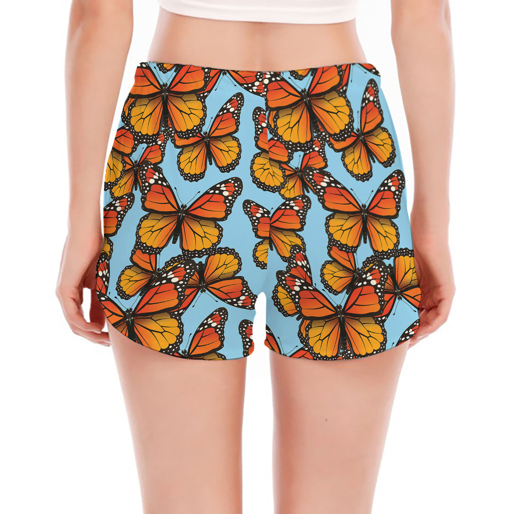 Orange Monarch Butterflies Pattern Print Women's Split Running Shorts