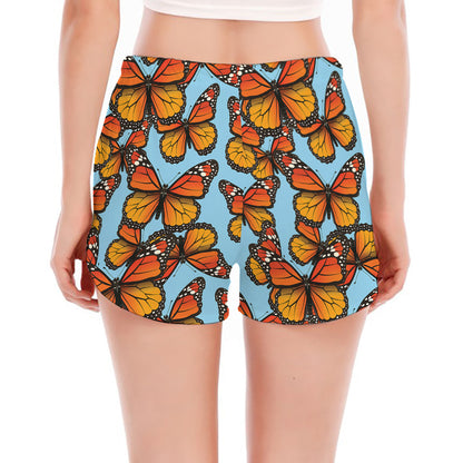 Orange Monarch Butterflies Pattern Print Women's Split Running Shorts