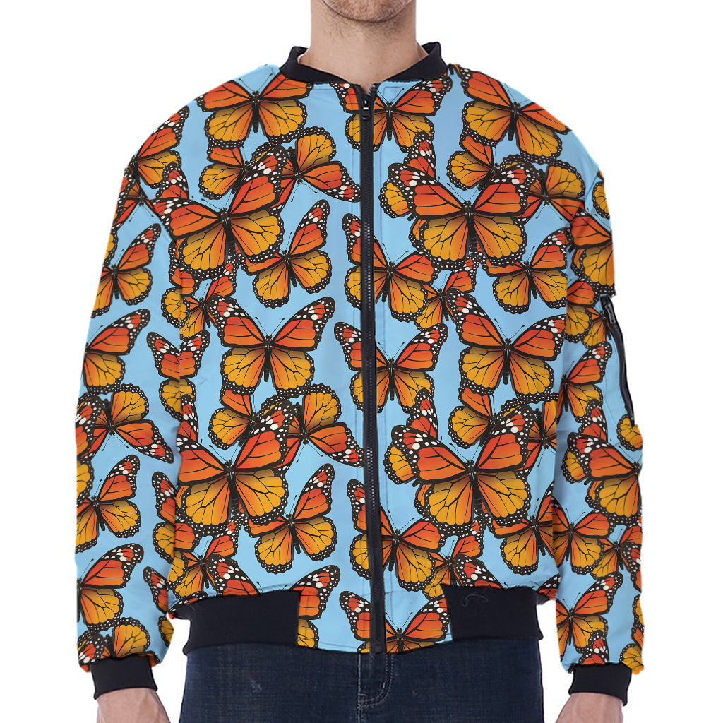 Orange Monarch Butterflies Pattern Print Zip Sleeve Bomber Jacket