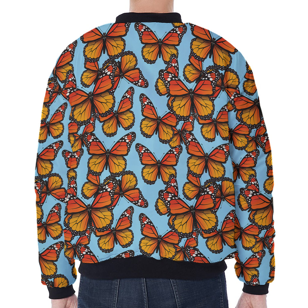 Orange Monarch Butterflies Pattern Print Zip Sleeve Bomber Jacket