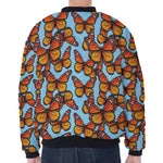 Orange Monarch Butterflies Pattern Print Zip Sleeve Bomber Jacket
