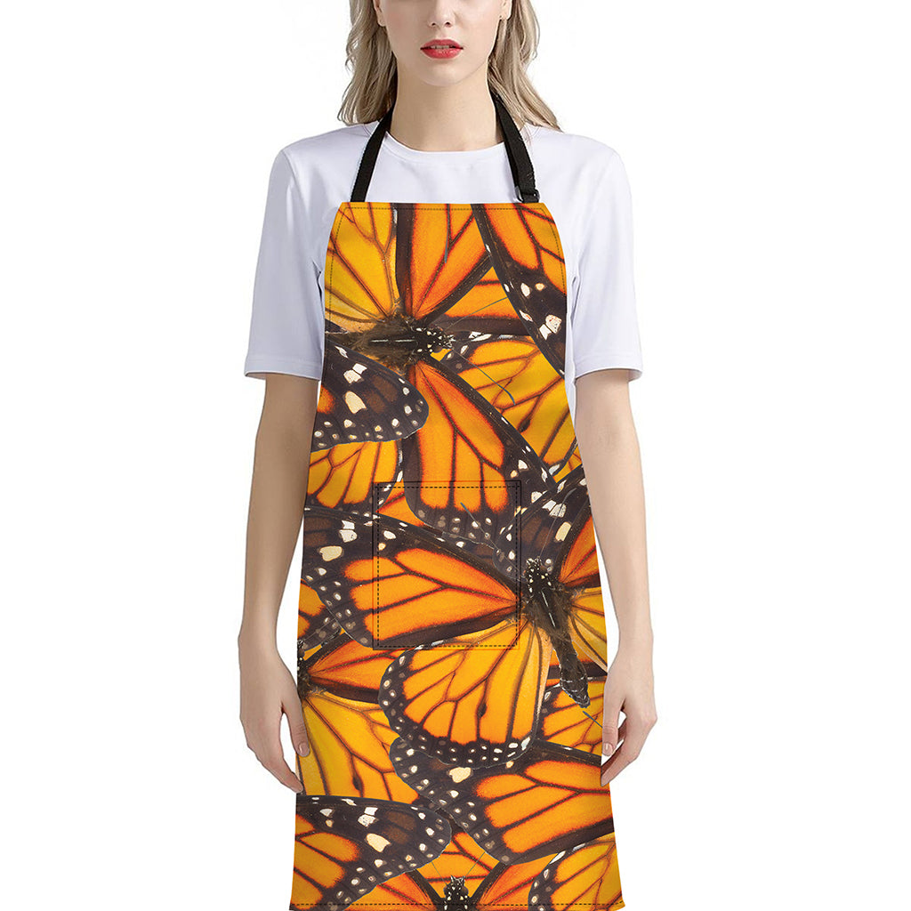 Orange Monarch Butterfly Pattern Print Bib Apron With Pocket