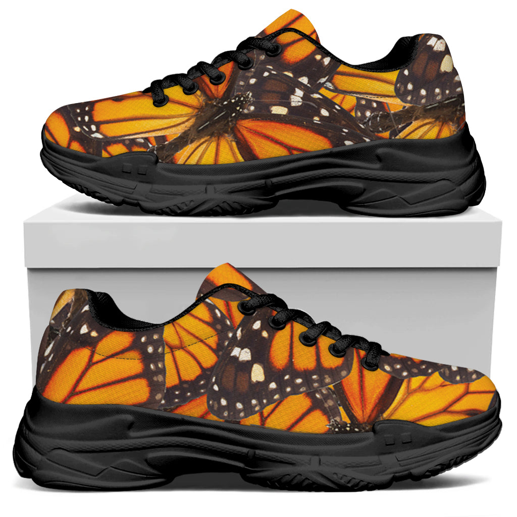 Orange Monarch Butterfly Pattern Print Black Chunky Shoes