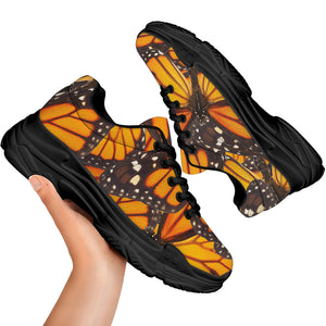 Orange Monarch Butterfly Pattern Print Black Chunky Shoes