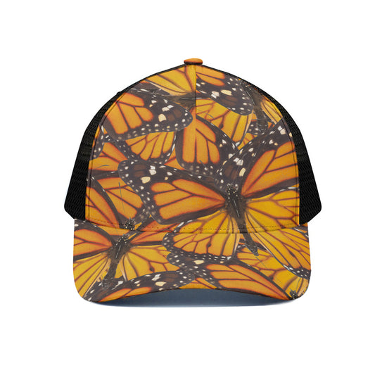 Orange Monarch Butterfly Pattern Print Black Mesh Trucker Cap
