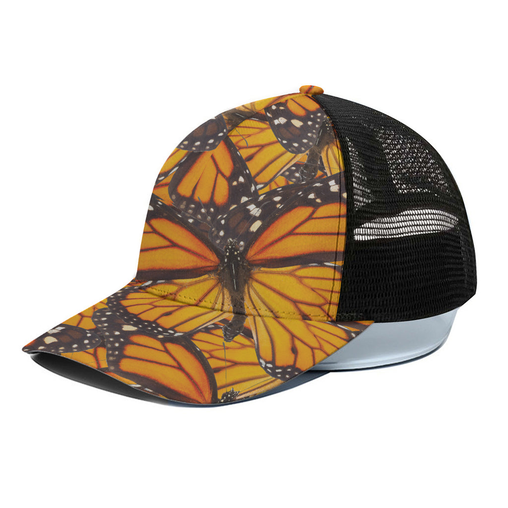 Orange Monarch Butterfly Pattern Print Black Mesh Trucker Cap