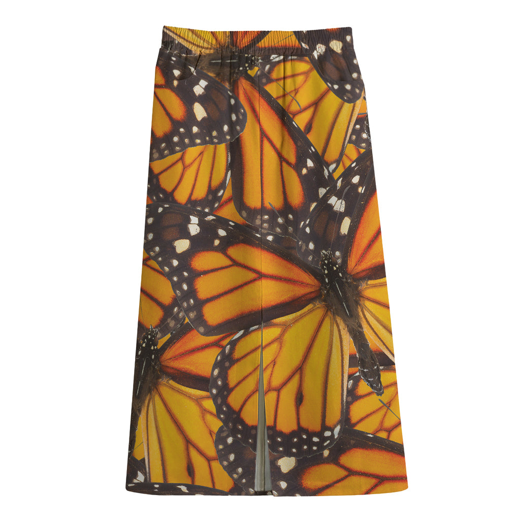 Orange Monarch Butterfly Pattern Print Cotton Front Slit Maxi Skirt