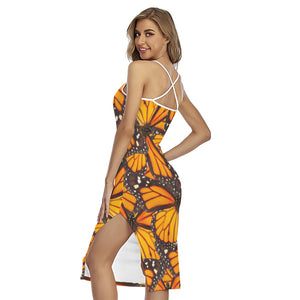 Orange Monarch Butterfly Pattern Print Cross Back Cami Dress