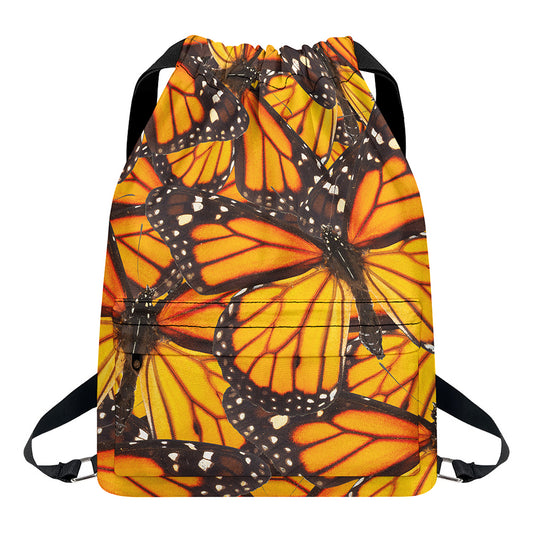 Orange Monarch Butterfly Pattern Print Drawstring Backpack