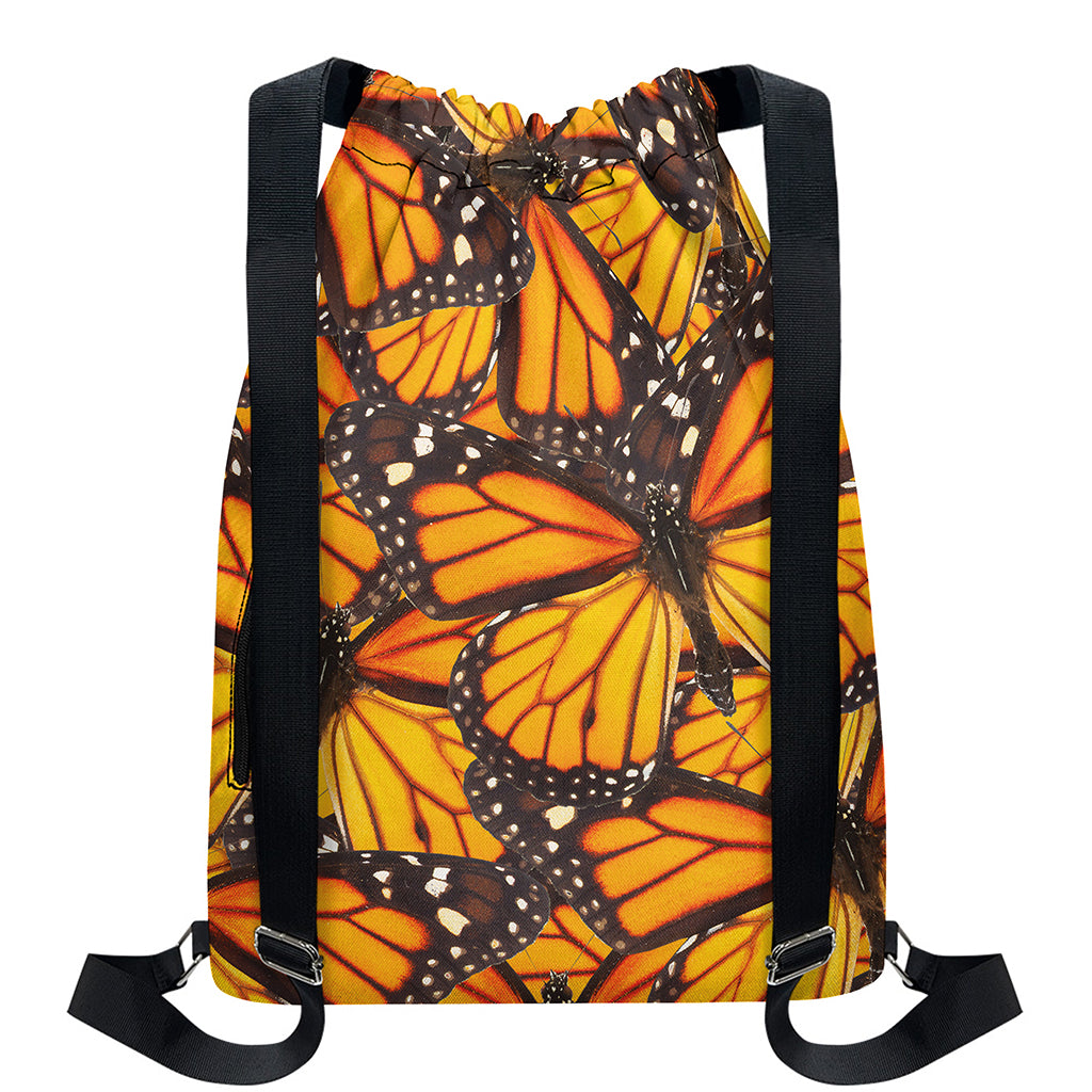 Orange Monarch Butterfly Pattern Print Drawstring Backpack