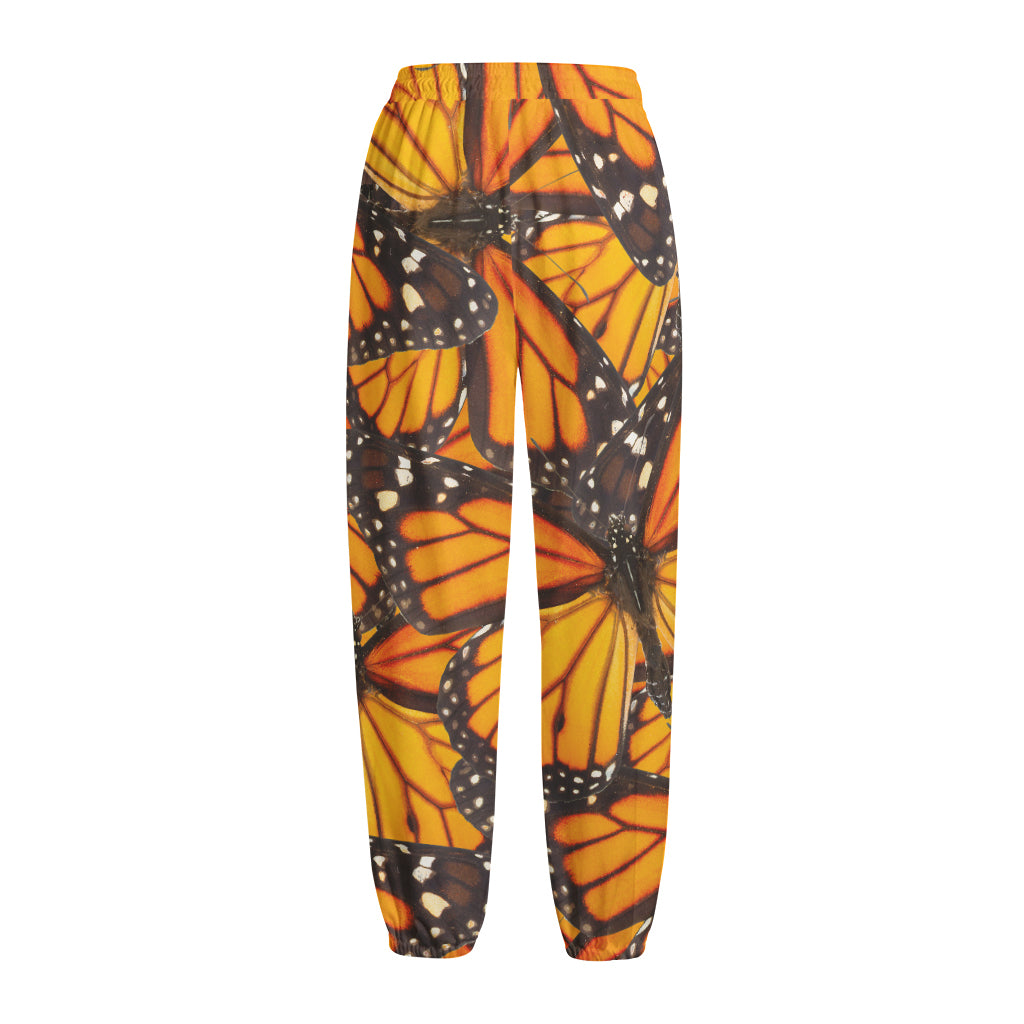 Orange Monarch Butterfly Pattern Print Fleece Lined Knit Pants