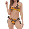 Orange Monarch Butterfly Pattern Print Halter Scoop Tie Side Bikini