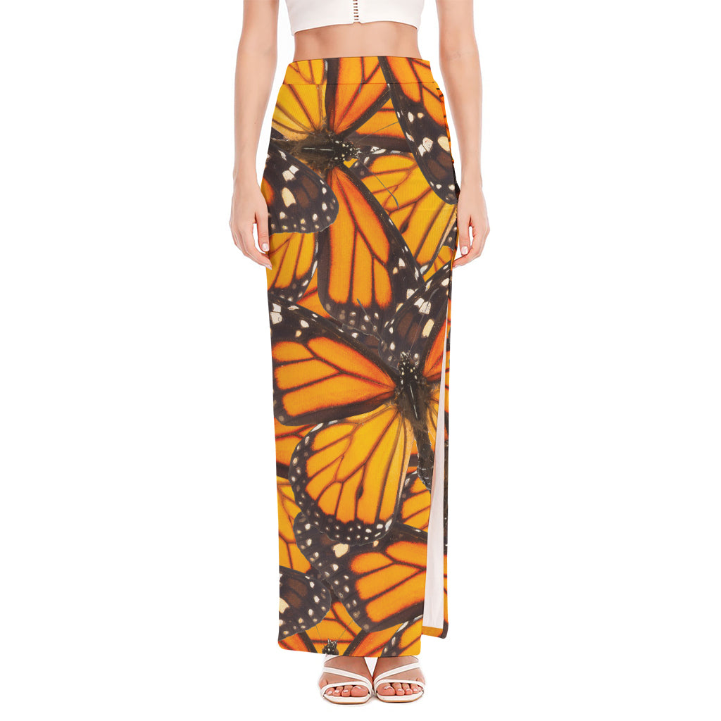 Orange Monarch Butterfly Pattern Print High Slit Maxi Skirt