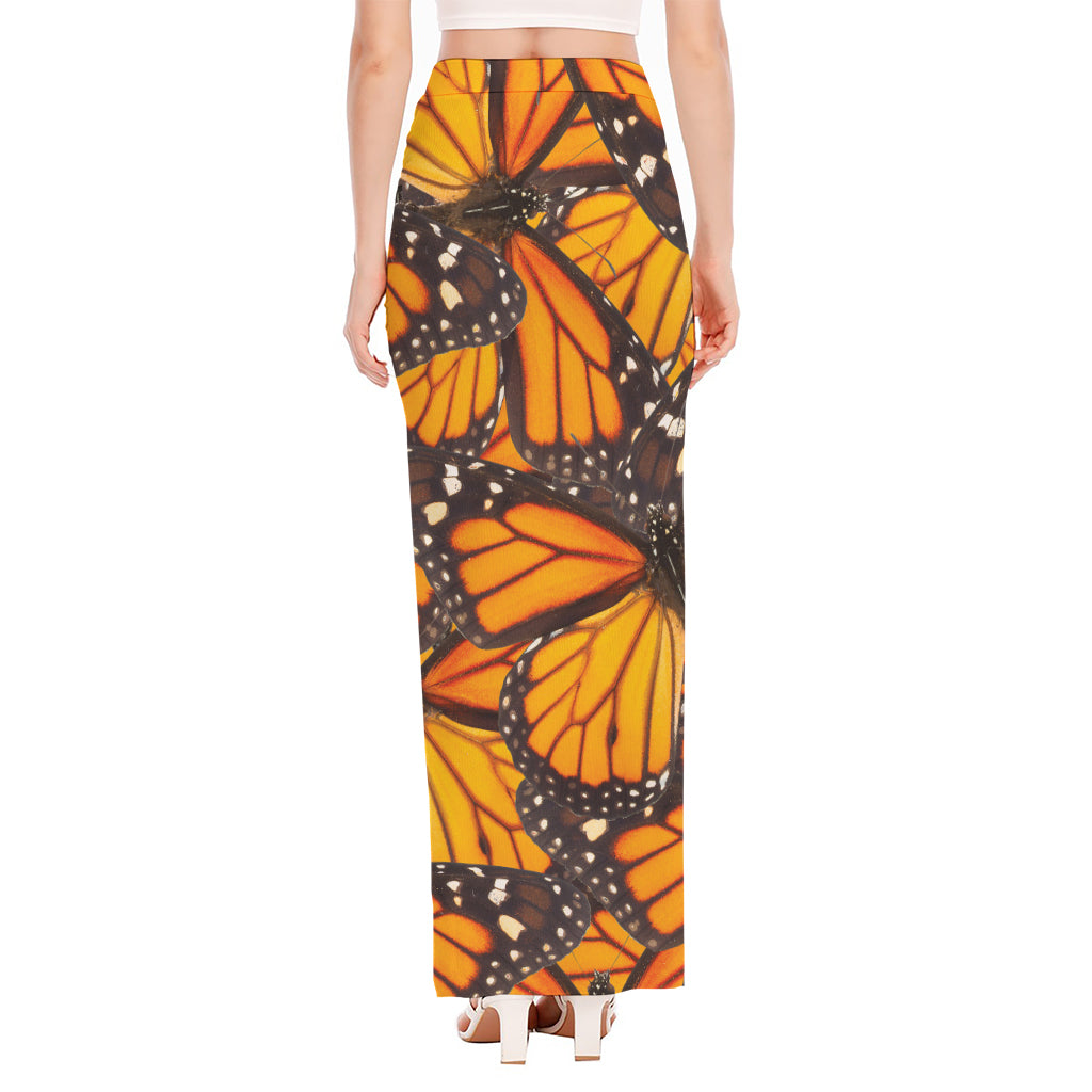 Orange Monarch Butterfly Pattern Print High Slit Maxi Skirt