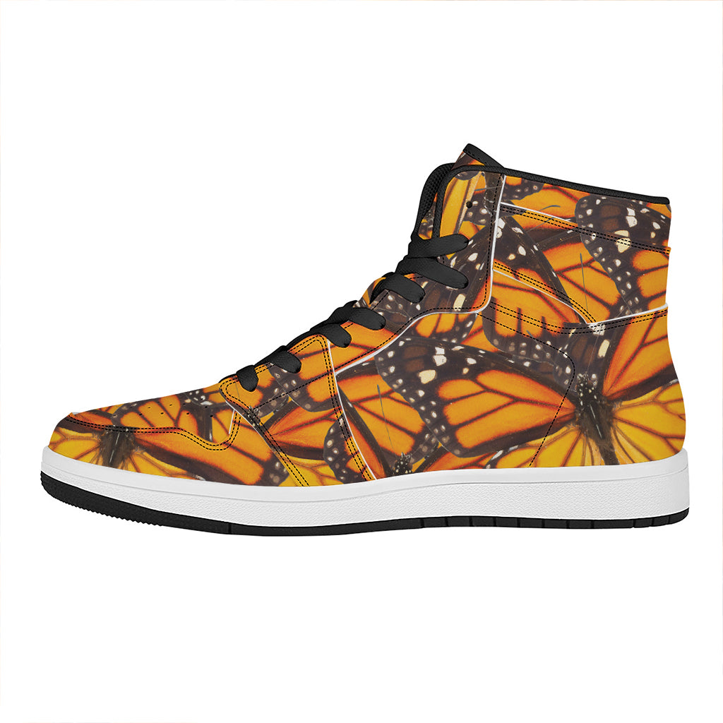 Orange Monarch Butterfly Pattern Print High Top Leather Sneakers
