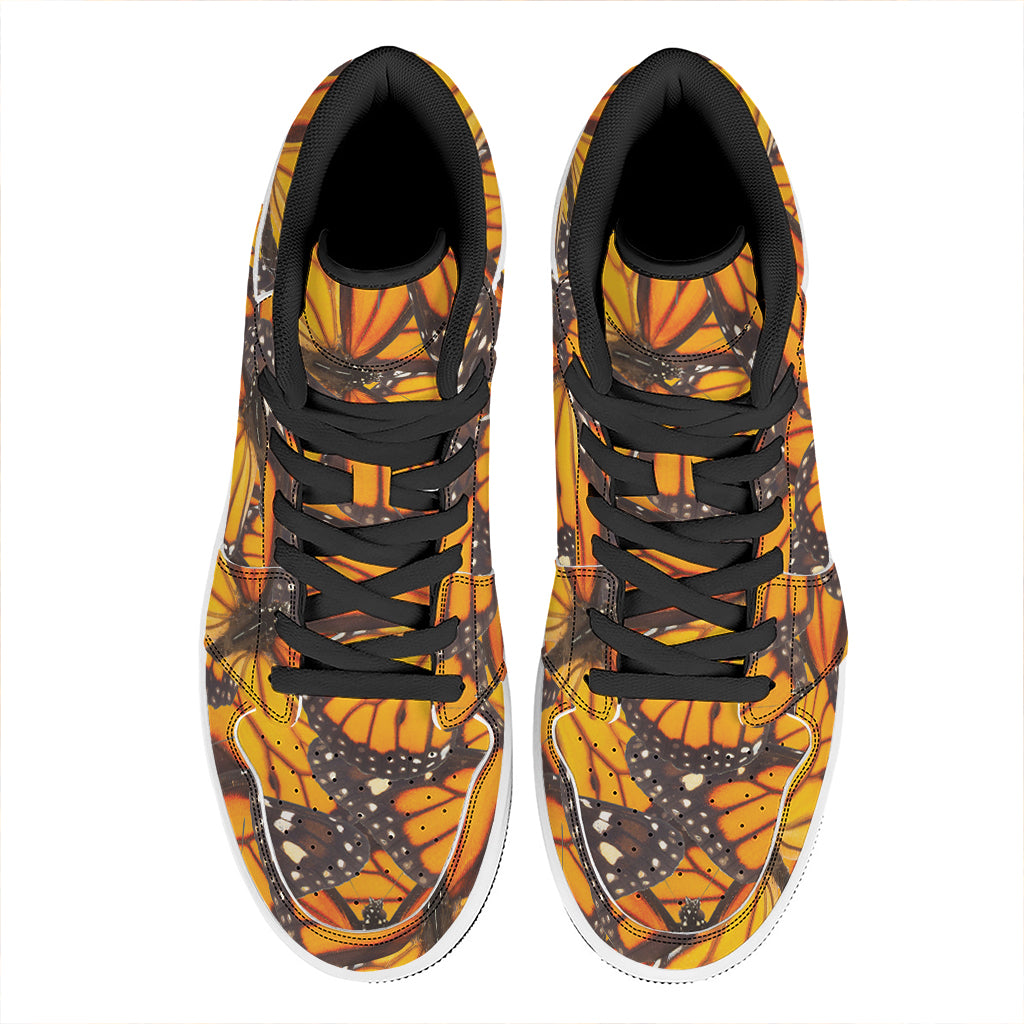 Orange Monarch Butterfly Pattern Print High Top Leather Sneakers