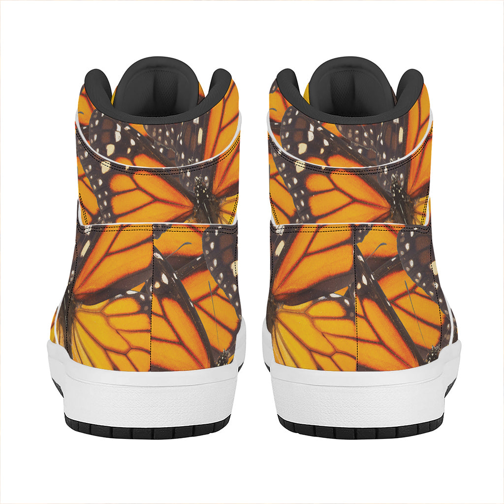 Orange Monarch Butterfly Pattern Print High Top Leather Sneakers