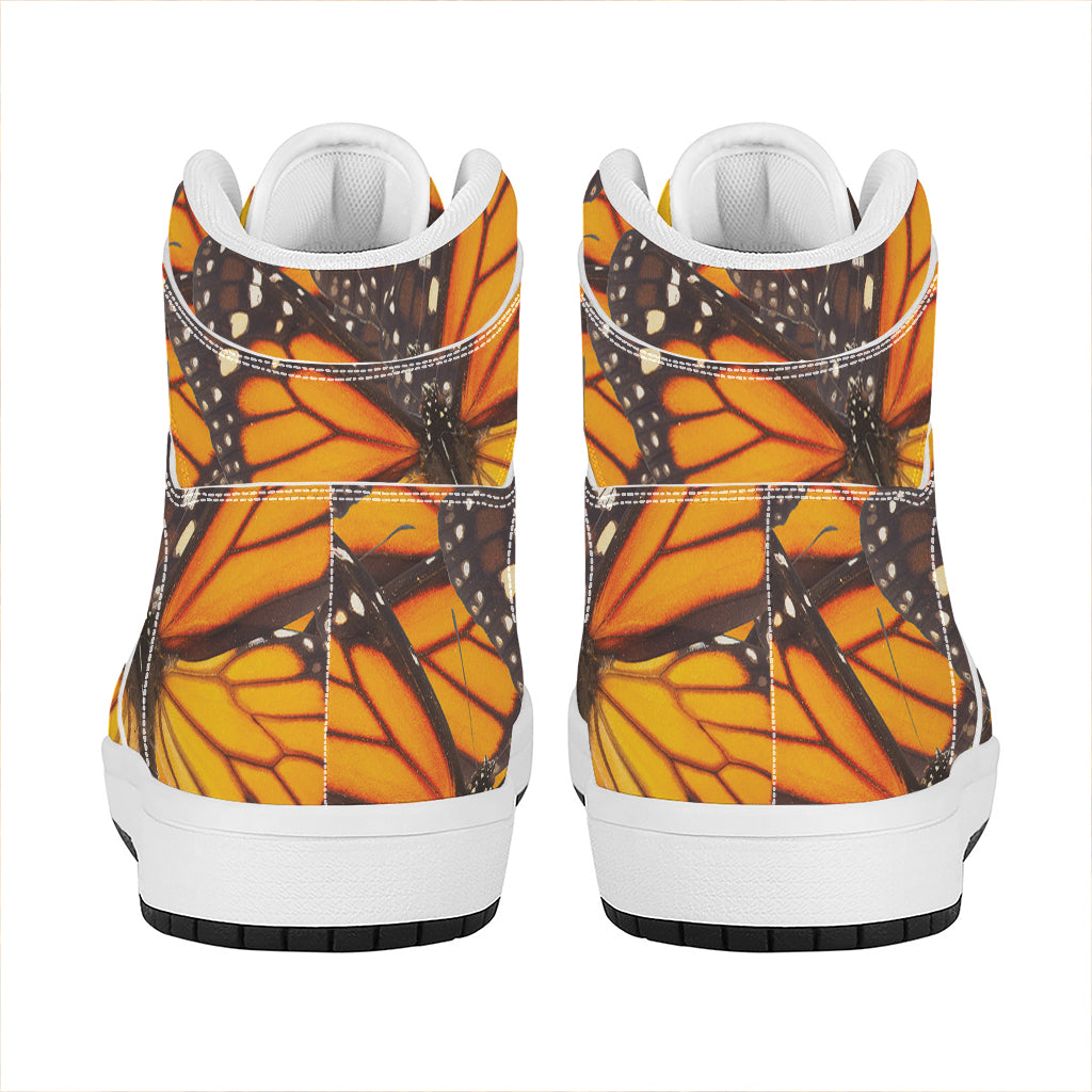 Orange Monarch Butterfly Pattern Print High Top Leather Sneakers
