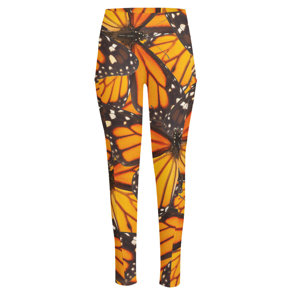 Orange Monarch Butterfly Pattern Print High-Waisted Pocket Leggings