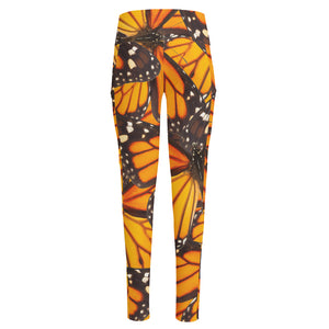 Orange Monarch Butterfly Pattern Print High-Waisted Pocket Leggings