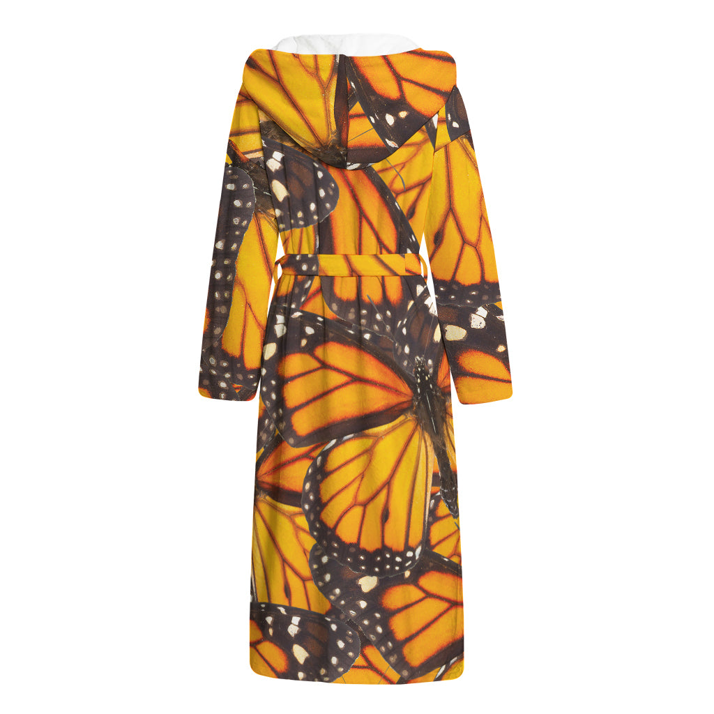 Orange Monarch Butterfly Pattern Print Hooded Bathrobe