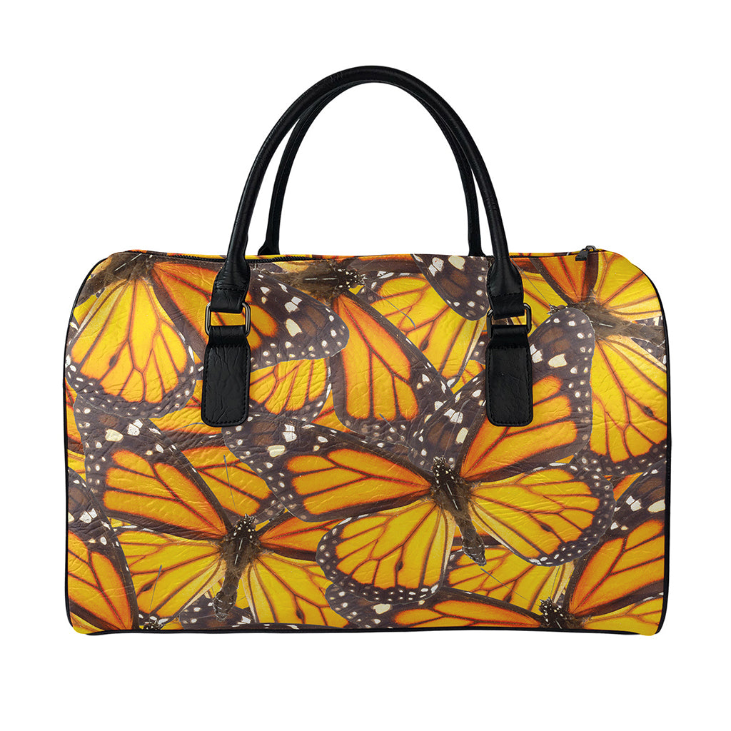 Orange Monarch Butterfly Pattern Print Leather Duffle Bag