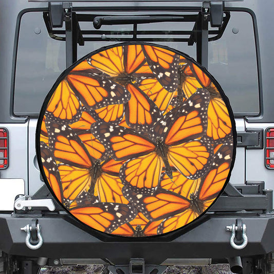 Orange Monarch Butterfly Pattern Print Leather Spare Tire Cover