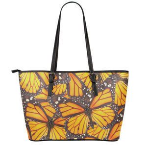 Orange Monarch Butterfly Pattern Print Leather Tote Bag