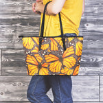 Orange Monarch Butterfly Pattern Print Leather Tote Bag