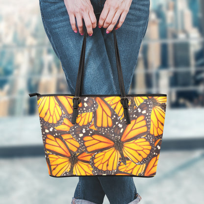 Orange Monarch Butterfly Pattern Print Leather Tote Bag