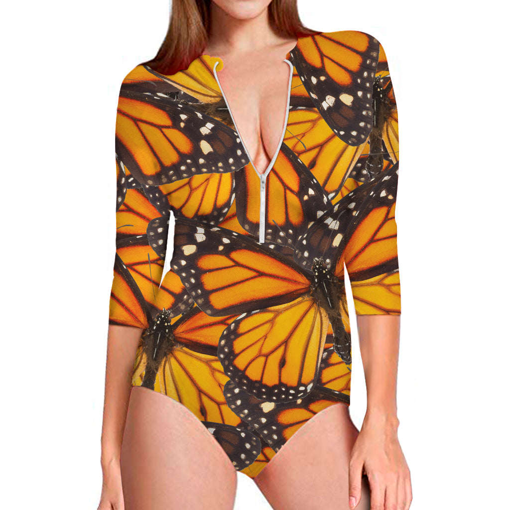 Orange Monarch Butterfly Pattern Print Long Sleeve Swimsuit