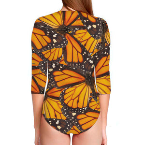 Orange Monarch Butterfly Pattern Print Long Sleeve Swimsuit