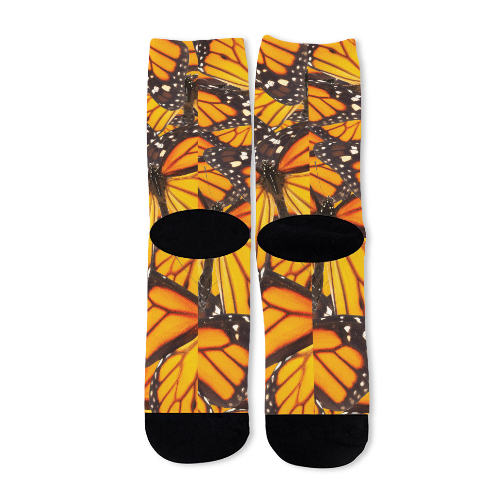 Orange Monarch Butterfly Pattern Print Long Socks