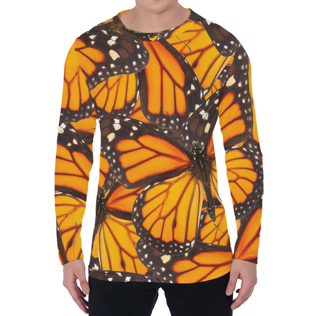 Orange Monarch Butterfly Pattern Print Men's Long Sleeve T-Shirt