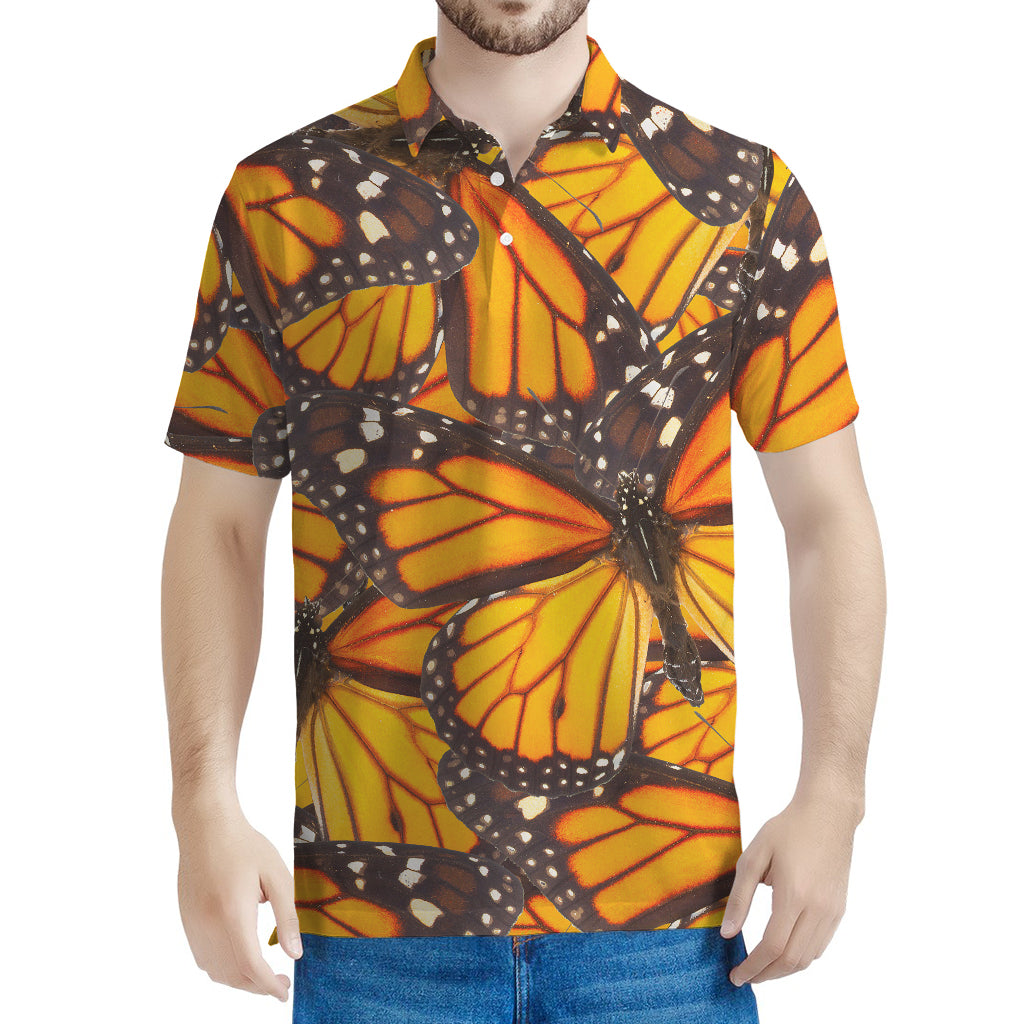Orange Monarch Butterfly Pattern Print Men's Polo Shirt