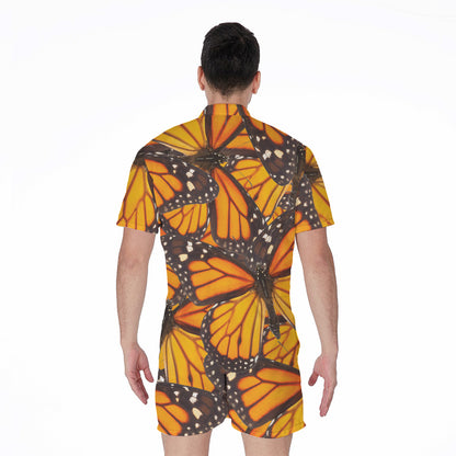 Orange Monarch Butterfly Pattern Print Men's Rompers