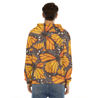 Orange Monarch Butterfly Pattern Print Men's Velvet Pullover Hoodie