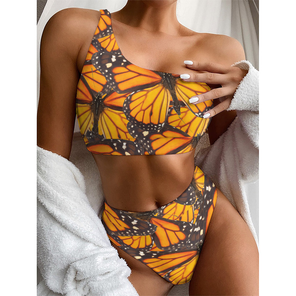 Orange Monarch Butterfly Pattern Print One Shoulder Bikini Top