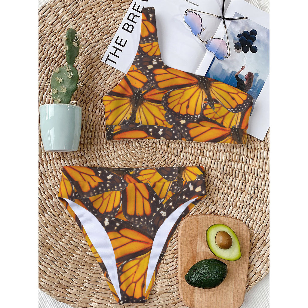 Orange Monarch Butterfly Pattern Print One Shoulder Bikini Top