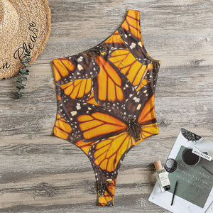 Orange Monarch Butterfly Pattern Print One Shoulder Bodysuit