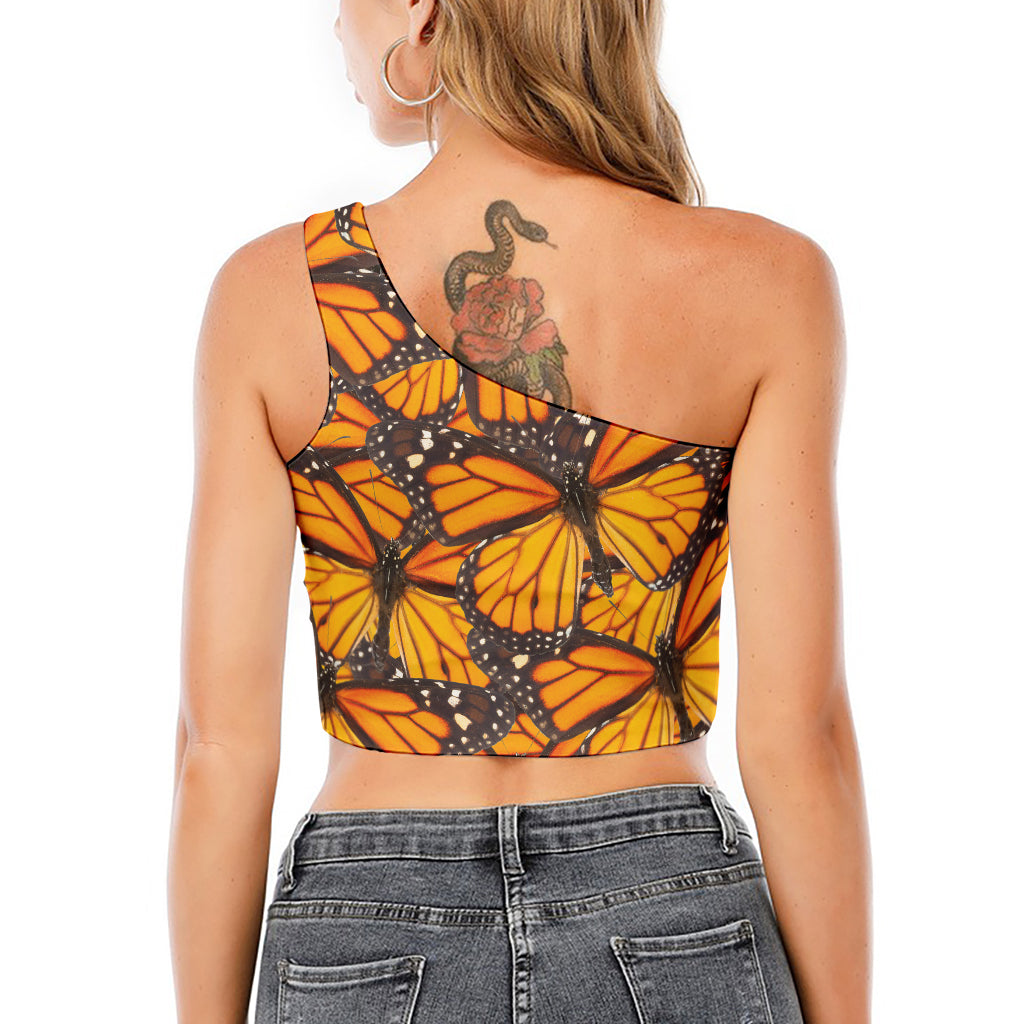 Orange Monarch Butterfly Pattern Print One Shoulder Crop Top