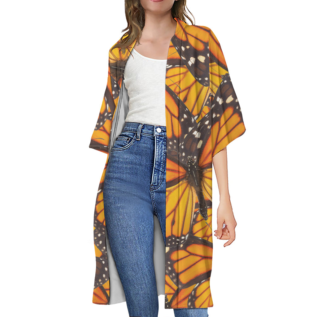 Orange Monarch Butterfly Pattern Print Open Front Beach Cover Up