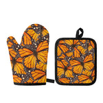 Orange Monarch Butterfly Pattern Print Oven Mitt And Pot Holder Set