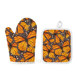 Orange Monarch Butterfly Pattern Print Oven Mitt And Pot Holder Set