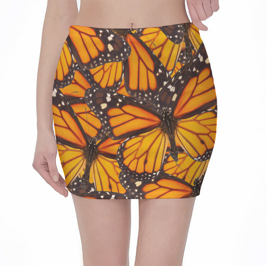 Orange Monarch Butterfly Pattern Print Pencil Mini Skirt